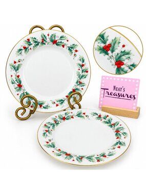 China Pearl NOEL Green Holly & Berries White Christmas China Salad Plates Set 2